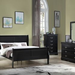 4pc QUEEN bedroom set black includes queen bed, dresser, mirror and nightstand.