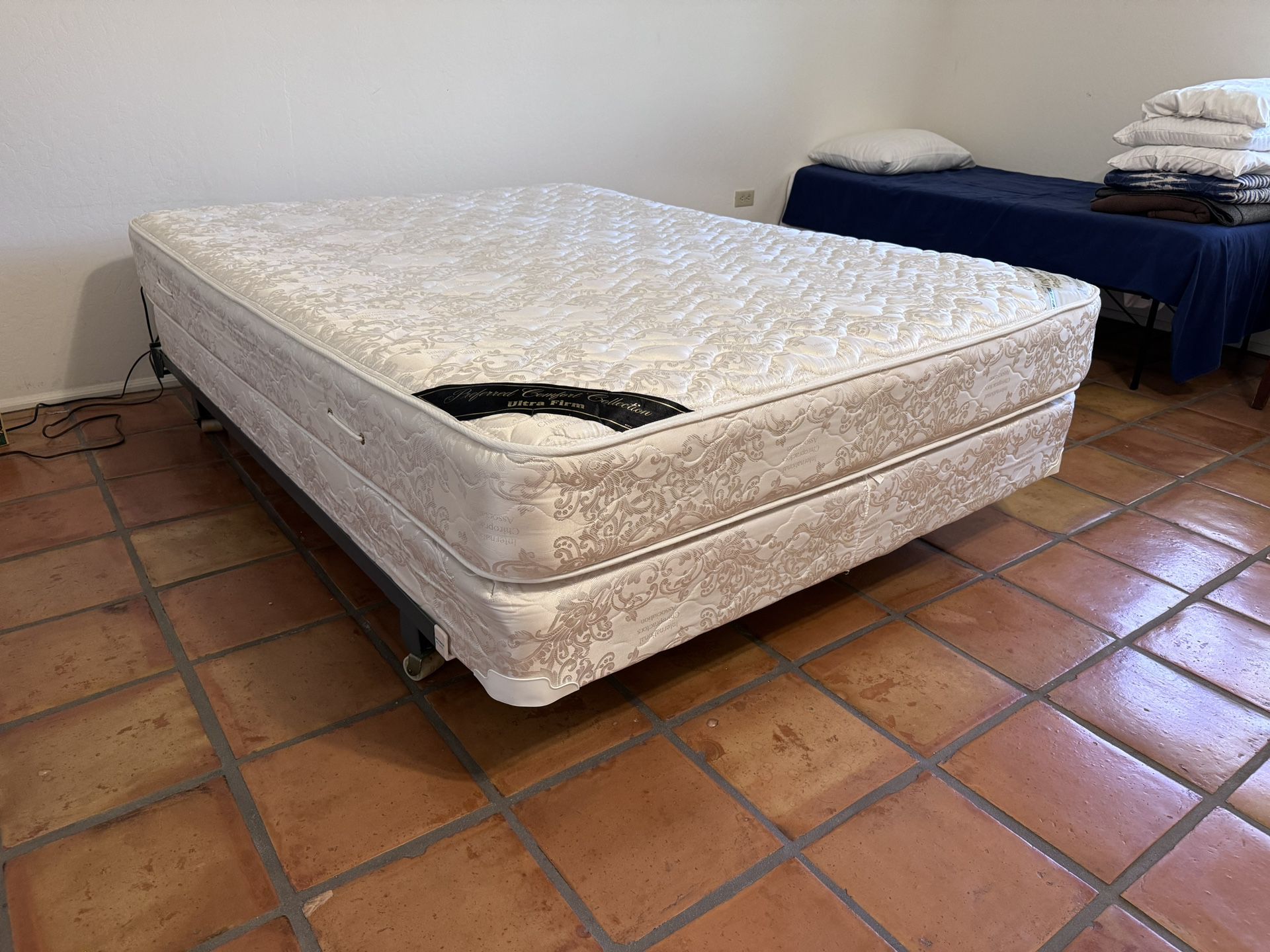 Firm Queen mattress and boxspring with base rails