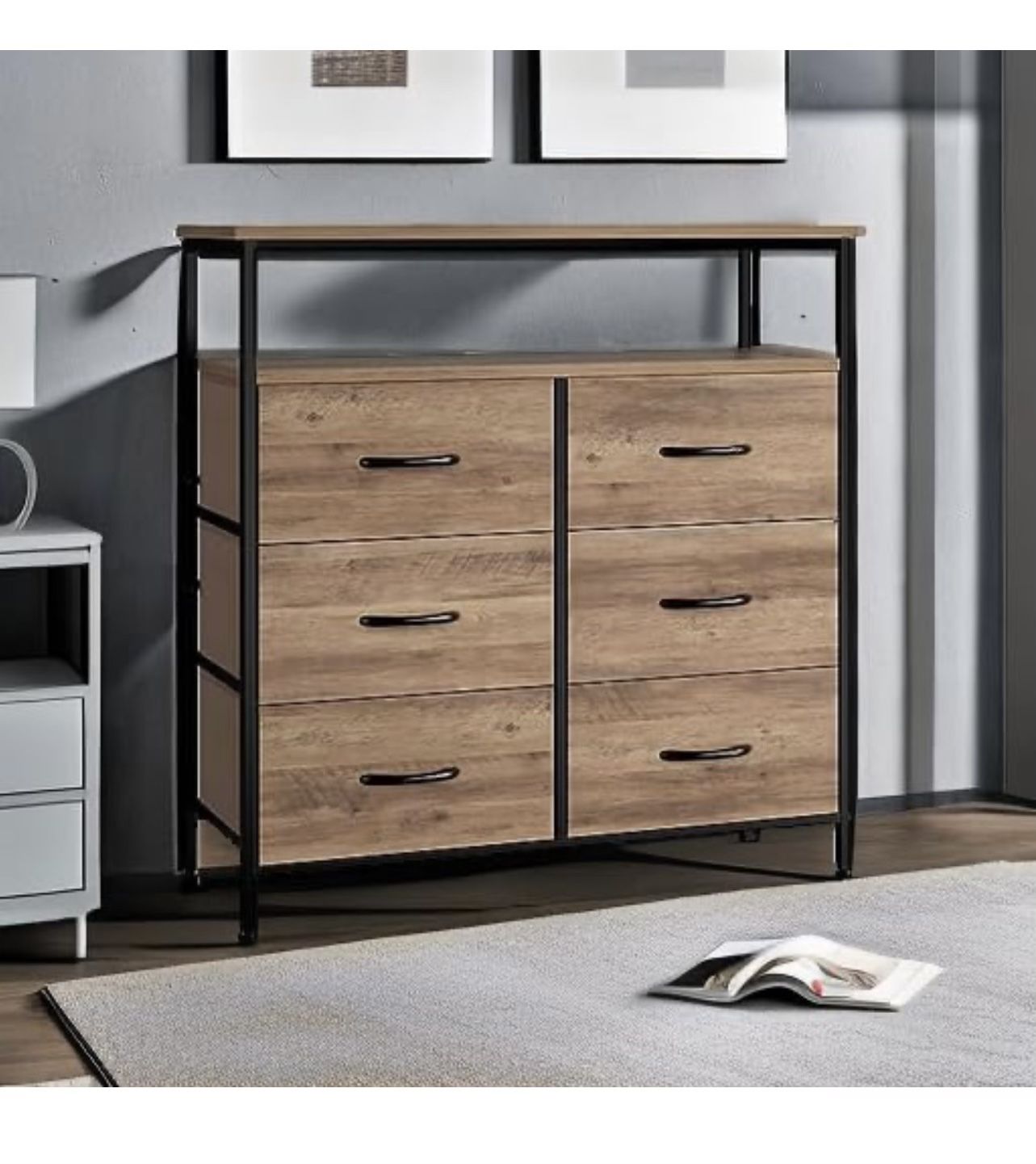 Fabric Dresser for Bedroom with 6 Drawers, Dresser TV Stand with Open Shelves, Chest of Drawers for Closet, Clothes, Wood Top, Fabric Drawers