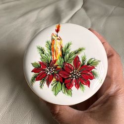 Holiday Poinsettia Trinket Box with Candle Design - Red & Green Made in England