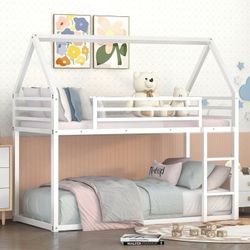 NEW White Twin over Twin House Bunk Bed with Built-in Ladder, Metal for Space-saving Bedroom
