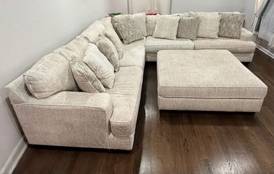 Beige Fabric Sectional Sofa with Ottoman