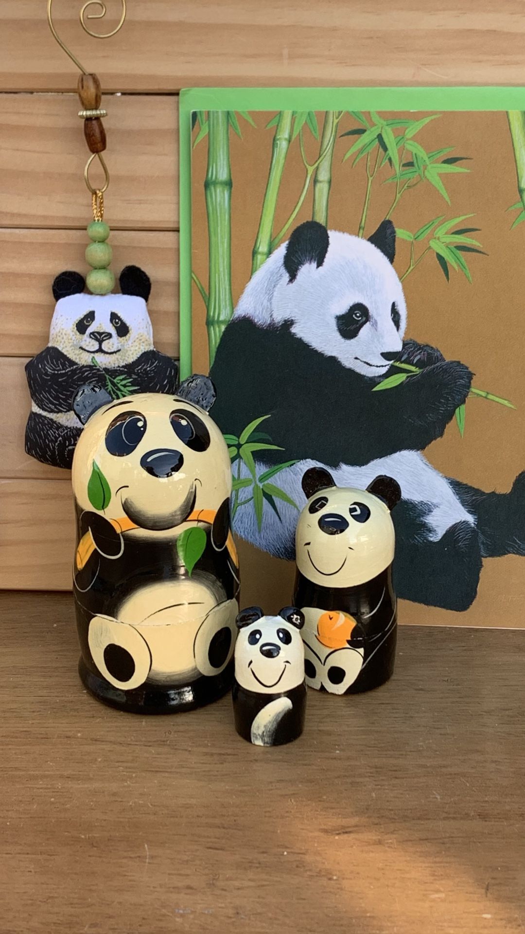 Vintage Panda Gift Set 3 Nesting Dolls Note Cards & Beaded Ornament in Lotus Box