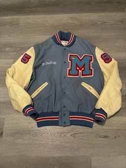 Vintage DeLong Men’s Monroe High School Football Blue/Red Striped Creme Varsity  Letterman Jacket
