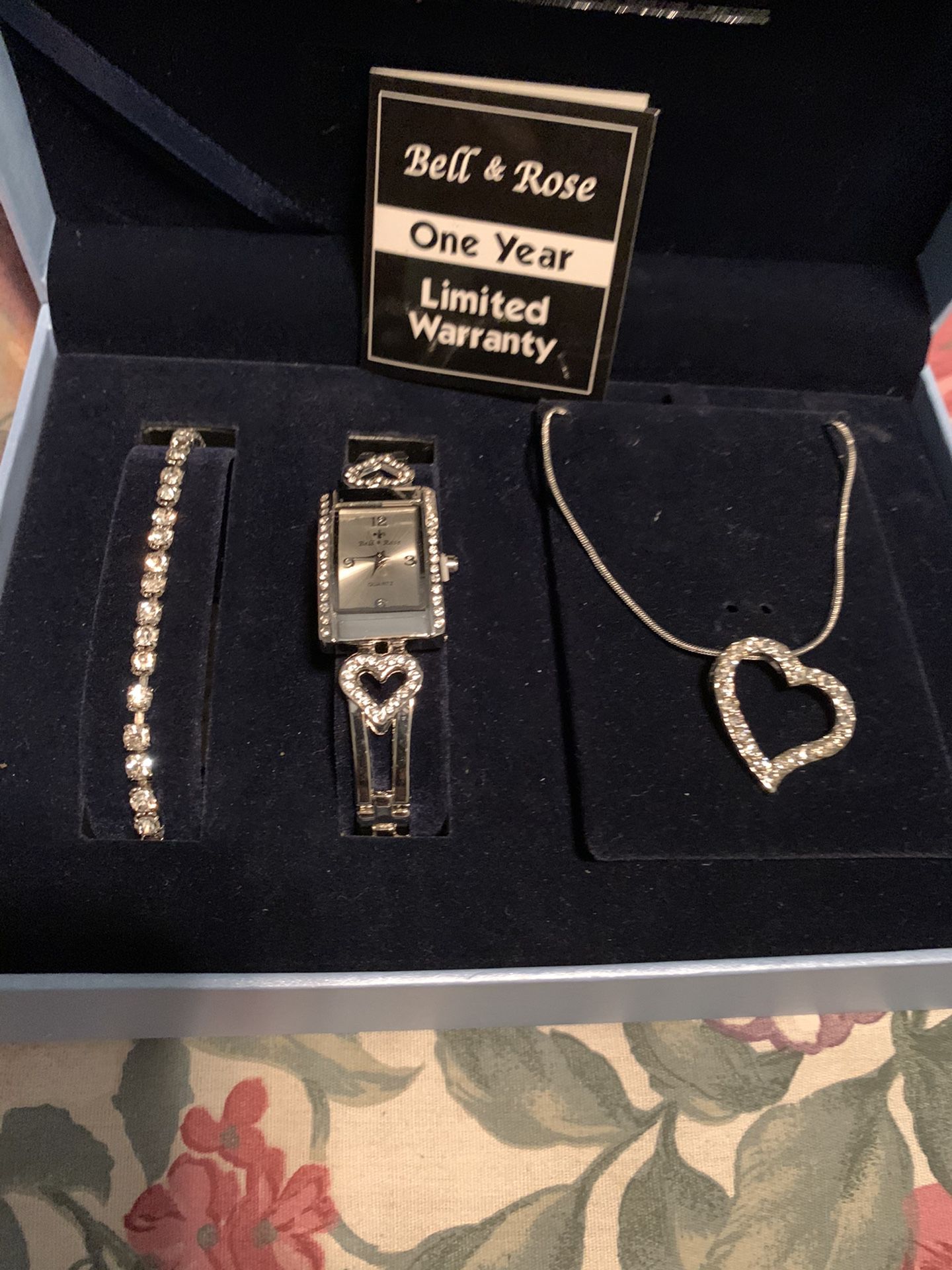 Brand New Bell & Rose American Diamond Ladies Watch, American Diamond Bracelet & American Diamond Neckless with Heart Pendant