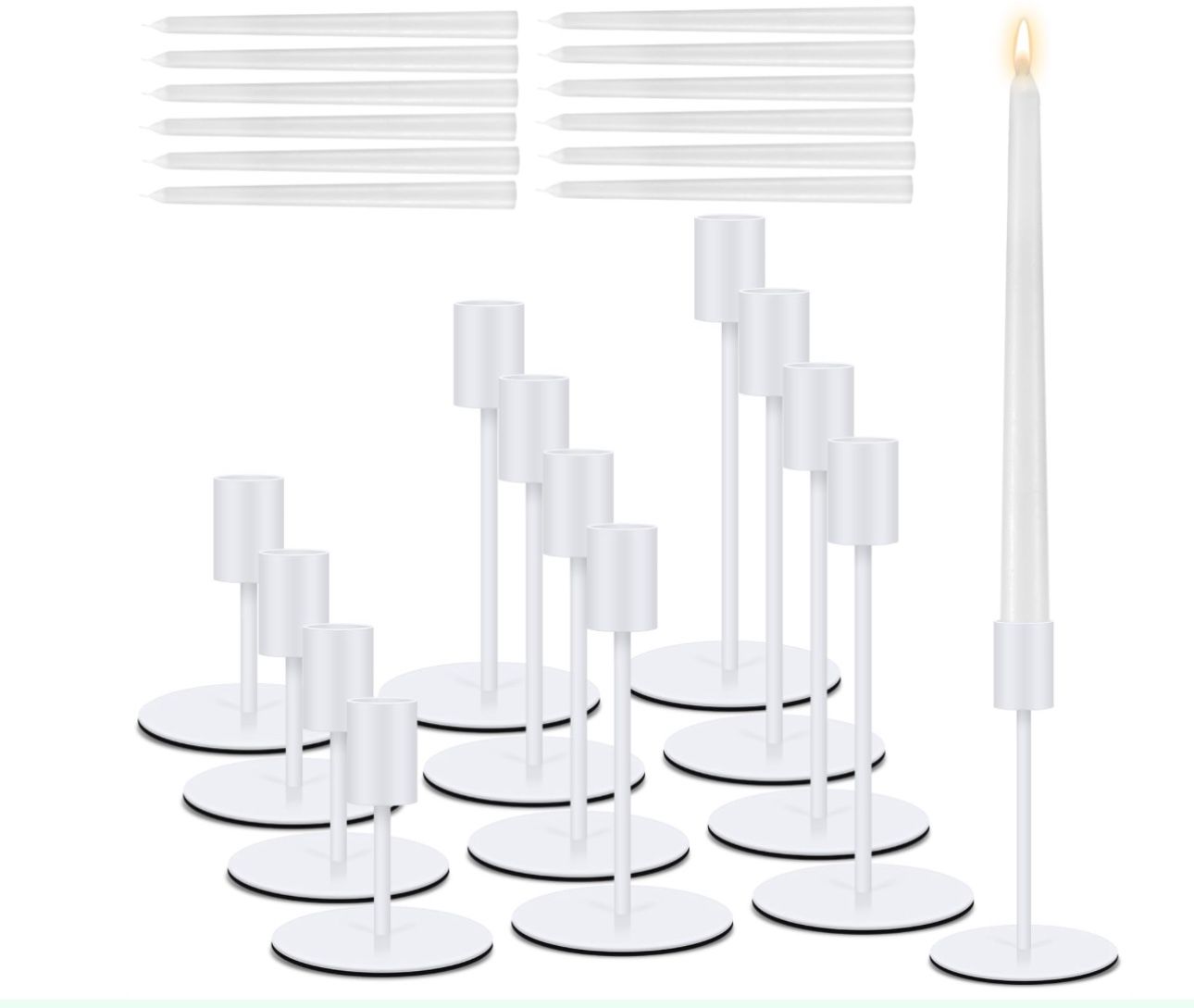 Set of 12 white metal candlesticks and white taper candles