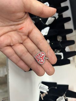 Red Enamel Heart Ring Silver Tone Floral