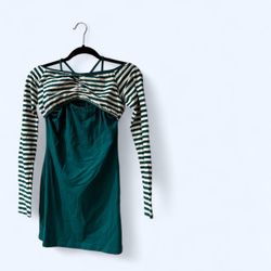 Forever 21 Green & White Striped Long Sleeve Mini Dress Criss-Cross Back Women's M
