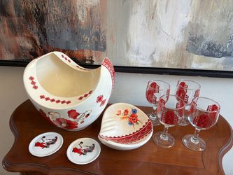 Vintage Ukrainian Folk Art Punch Bowl, Ashtray, Glassware and Coaster Set – Red Poppies(Mak) & Vyshyvanka Geometric Cross-Stitch Embroidery Design.