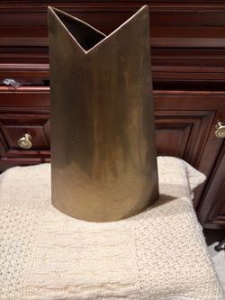 Vintage James Johnston Signed Brass Vase MCM Brutalist Geometric Vessel 13”