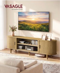 70 Inch TV Stand, Mid Century Entertainment Center with Storage Media Console for Living Room, TV table with Fluted Sliding Doors for 80'' TV, Sand Br