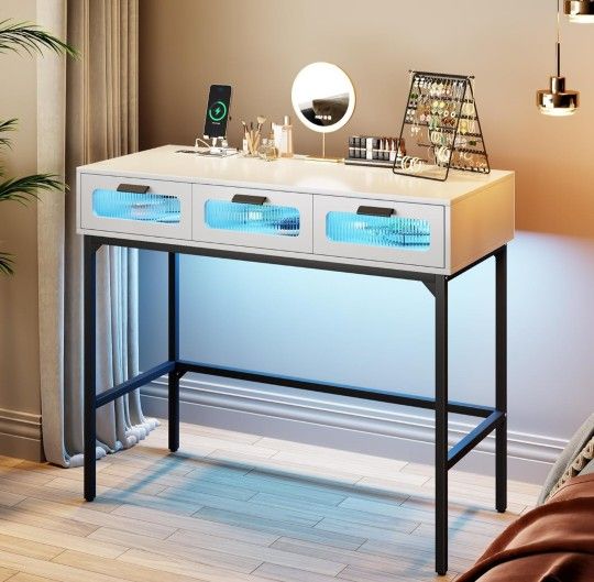 Vanity Desk with 3 Color LED Lights with Human Body Induction - White