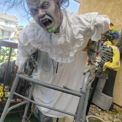 Pneumatic Zombie Lady With Walker Halloween Prop 