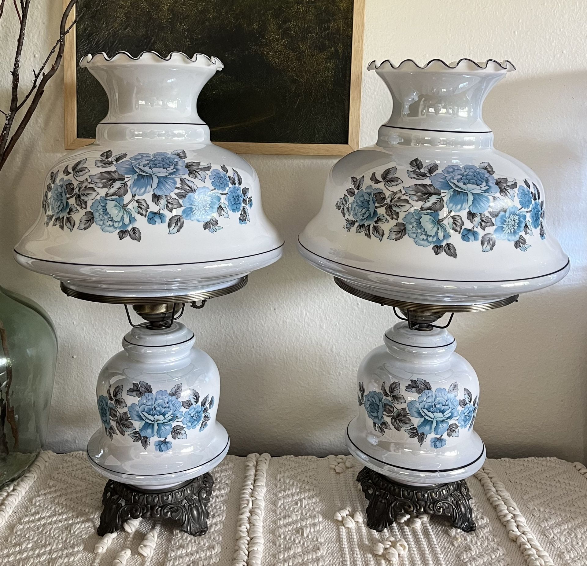 Pair of 3-Way Gone With the Wind Hurricane Lamps L&L WMC White Irridescent Milk Glass Blue Flowers Gray Leaves Brass Base Large 26” Set of 2