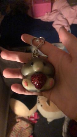 Cute Resin Hampster Keychain Holding Strawberry