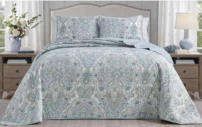 3-Piece Fine printed Oversize (100" X 95") Quilt Set Reversible Bedspread Coverlet QUEEN SIZE Bed Cover (Pale Blue, Grey, Paisley)