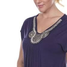 WHITE MARK Top Navy Blue Beaded Short Sleeve V Neck Handkerchief Hem Size 2X EUC