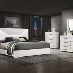 4 PC Queen Bedroom Set With LED. Queen Bedframe Dresser Mirror Nightstand On Sale Now Don't Miss