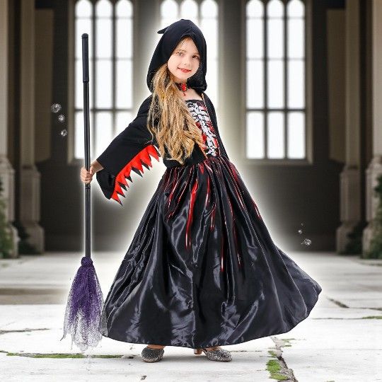 Girls Deluxe Witch Skeleton Costume, S