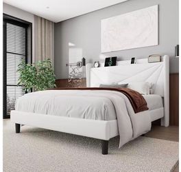  King Size Bed Frame with Charging Station, Velvet Upholstered Platform Bed Frame with Wingback Storage Headboard, Solid Wood Slats Support, No Box Sp