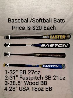 Baseball/Softball Bats Of Various Sizes (Price Is $20 Each)