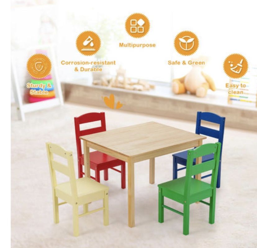 New Kids 5 Piece Table Chair Set Pine Wood Multicolor Children Play Room Furniture
