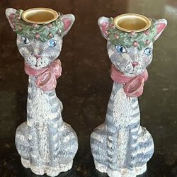 Cat Lovers Candlestick Holders Vintage Decor Vtg 70's (Set of 2)