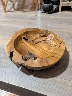 Hand-Carved Wood Bowl with Turtle Detail