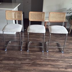 Set of 3 Rattan Counter Stools | Bouclé White | Mid Century Modern