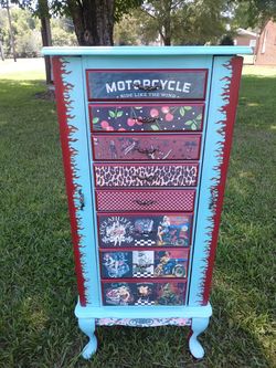 Hand painted deco jewelry armoire biker Harley rockabilly tattoo vibtage