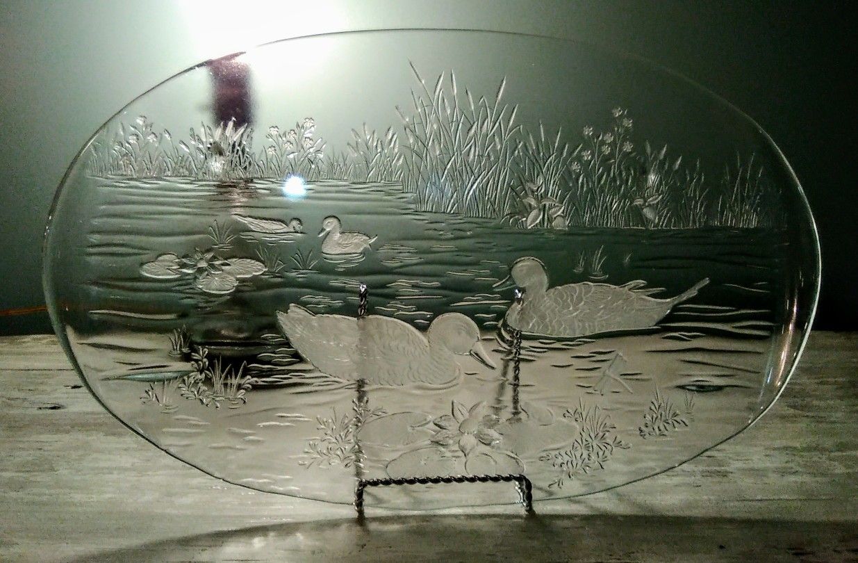 Large Oval Clear Etched Glass Tray with Waterfowl