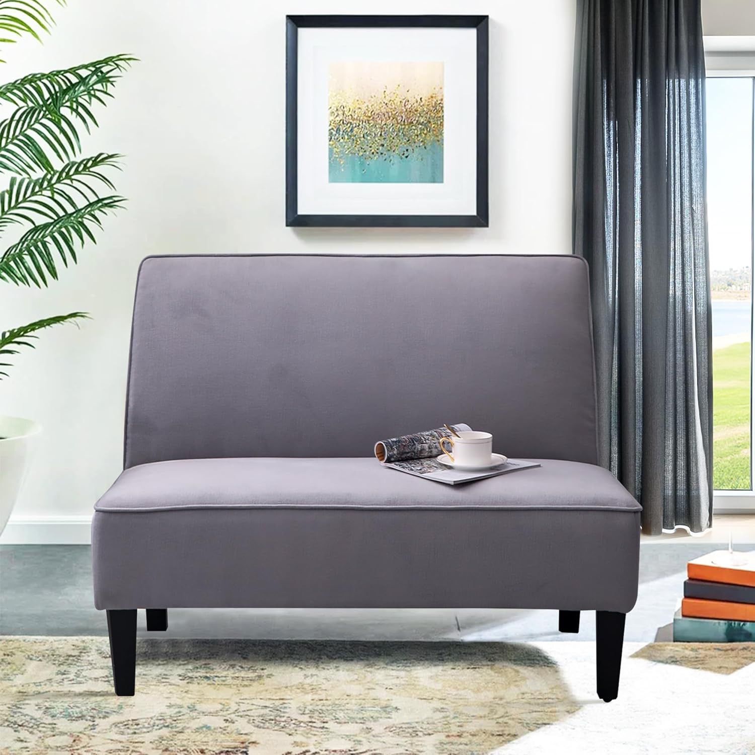 Upholstered Loveseat Bench Settee for Living Room, Modern Armless Small Sofa Bedroom Couch Cushioned Linen Love Seat Bench -Light Grey