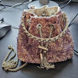 ✨Nearly New Purple Crystal Encrusted Bucket Bag Gemstone Cutting Surface + Gold Chain Tassel Dating Shopping Divine
