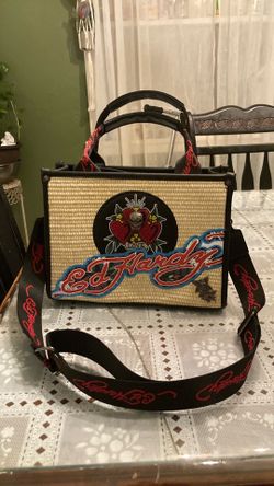 Ed Hardy Woven Front Tote Bag Rhinestone Love Hearts Y2K Back NWT Shoulder Strap