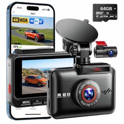 Brand New 4K Dash Cam Front Rear GPS WiFi 6 64GB Card