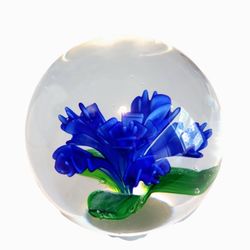 Art Glass Clear Paperweight With Cobalt Blue Roses 