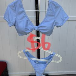 Women’s Solid Bow-Style Short Sleeve Top And Side Knots Bottom Bikini Set Blue Sky 👙