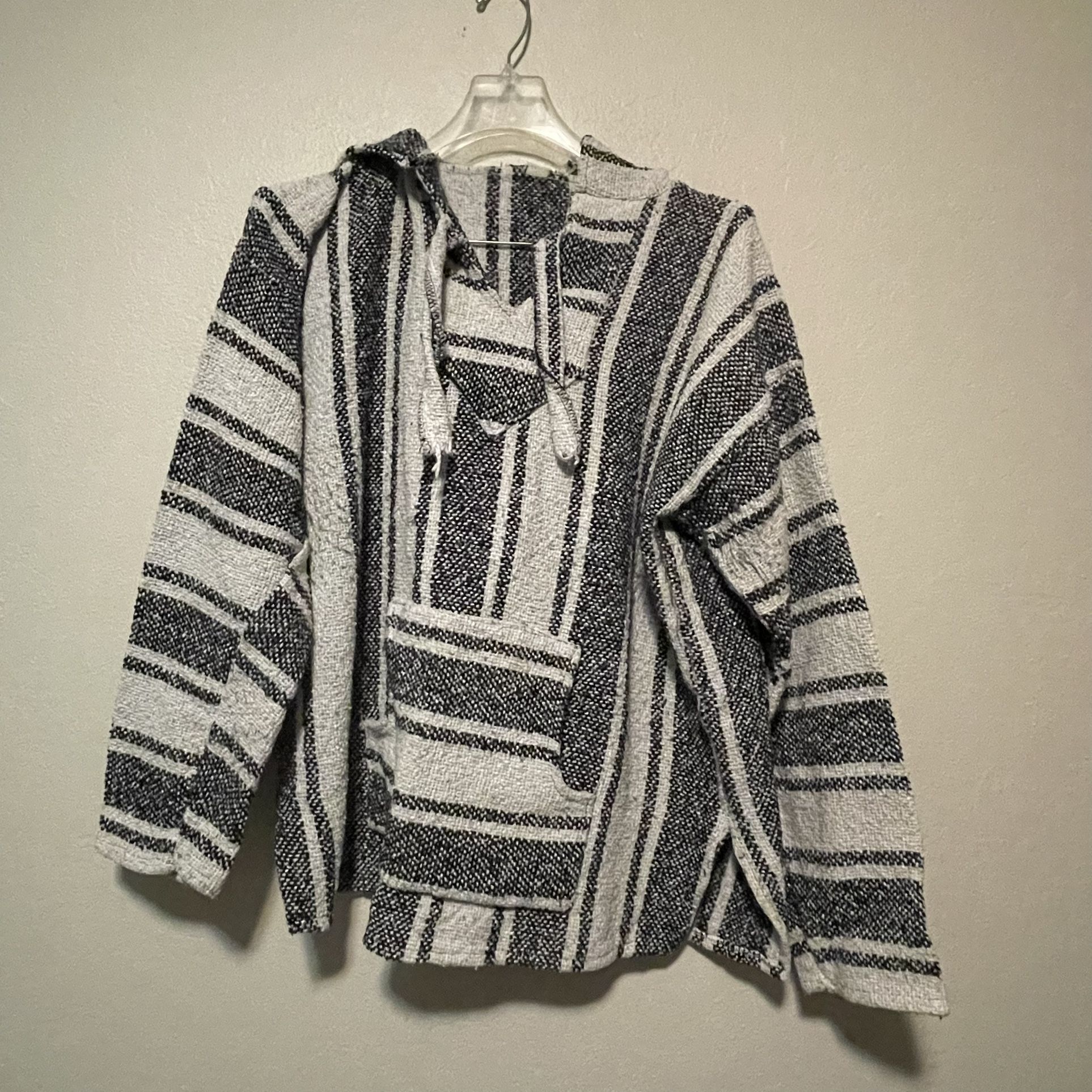 Unisex Black & White Striped Mexican Hoodie Pullover Sweater Baja Drug Rug, Sz L