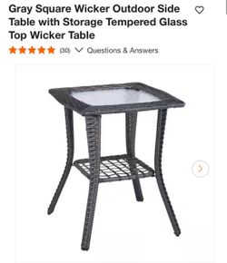 Gray Wicker Outdoor Side Table with Glass Top