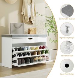 Shoe Storage Bench with 3-Tier Flip Drawer, Shoe Rack Bench with Adjustable Shelves & Hidden Storage Space, Shoe Organizer for Entryway, Hallway, Livi