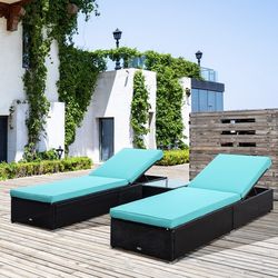 Chaise Lounge Chair Set of 2 with 5 Angle Backrest, Outdoor Coffee Table, Water Repellent Cushions, PE Rattan Wicker Poolside Chairs, 3-Piece Pool Fur