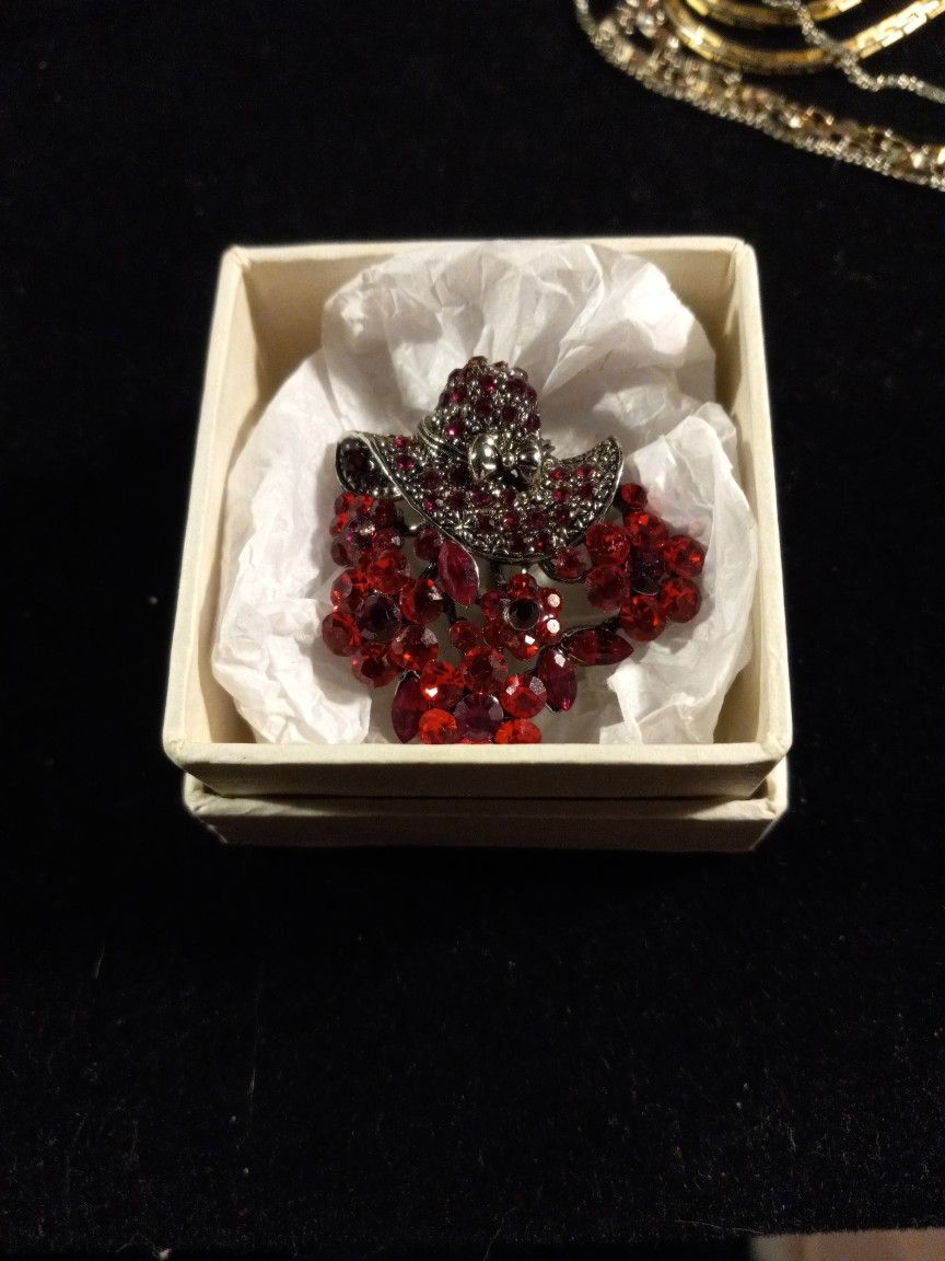 Red Rhinestone Signed Brooch