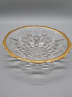 Vintage Clear Glass Candy Dish Gold Gilt Rim Footed Bowl 7"