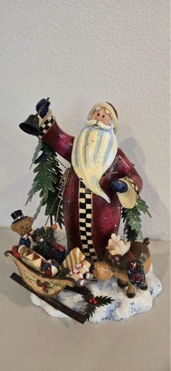 ​🎅 Woodland Santa Figurine with Sleigh & Reindeer (13.5")​🌲 Rustic Folk Art Christmas Decor with Trees