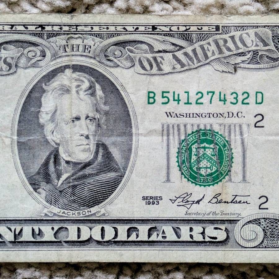 1993 vintage small face $20 bill Federal Reserve bank note old American paper money currency