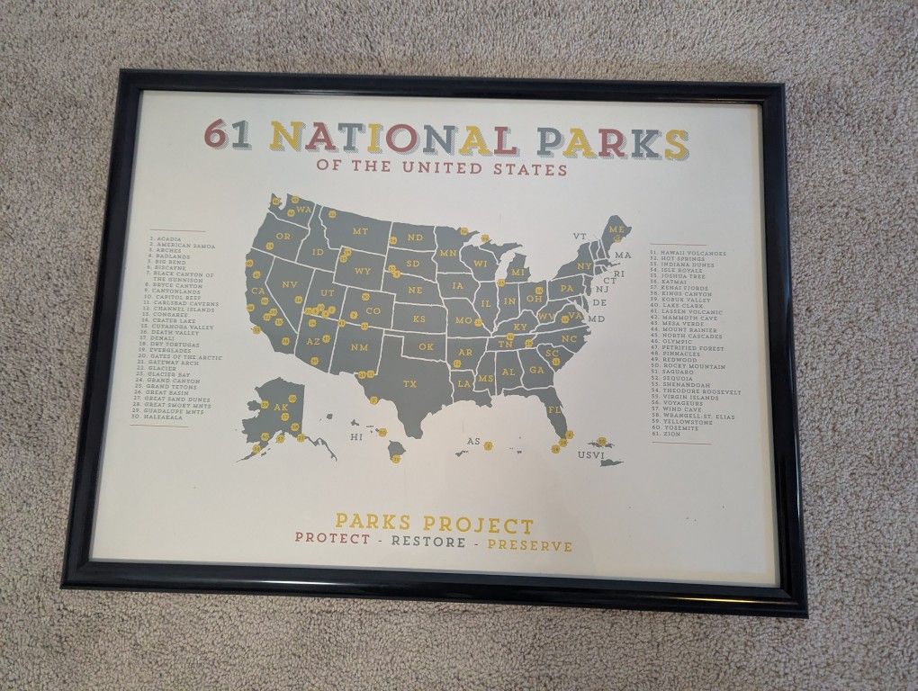 Framed Print Map Of US National Parks 