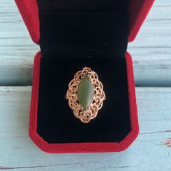 Beautiful Vintage 14K Solid Yellow Gold Jade Filigree Ring Size 8.5-TESTED-4.8G-Unmarked  