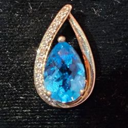 10k Gold Pear Shaped Blue Topaz With Diamond Pendant 