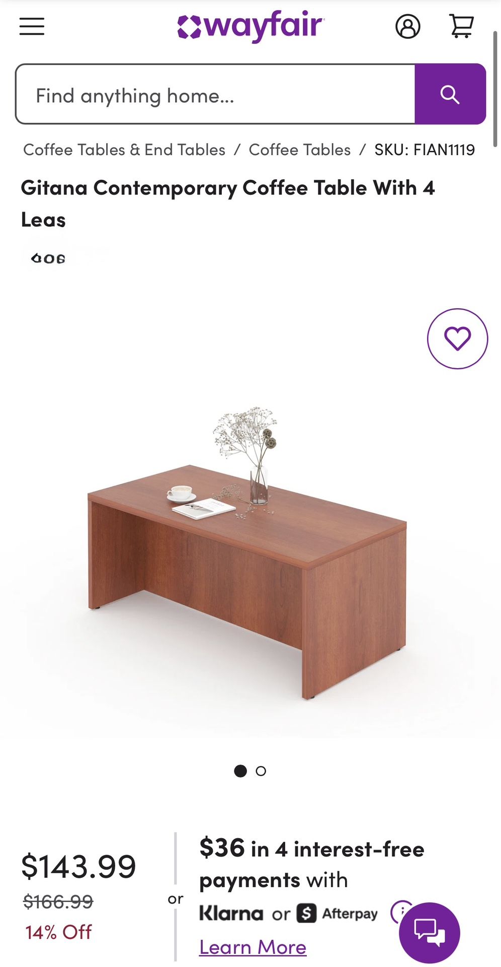 Gitana Table Occasional/ Condition: New. Colors: Walnut /Espresso Quantity: 30 Size 24/47/20