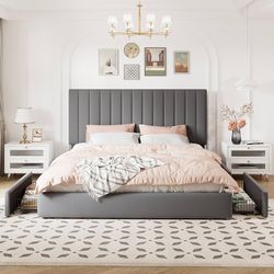 King Size Storage Bed Frame, Vertical Channel Tufted Adjustable Headboard, Velvet Upholstered Platform Bed with 4 Oversized Underbed Drawers, Wooden S